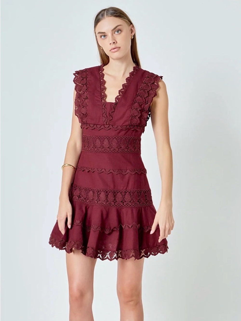 Endless Rose Burgundy Lace-Trim V-Neck Mini Dress